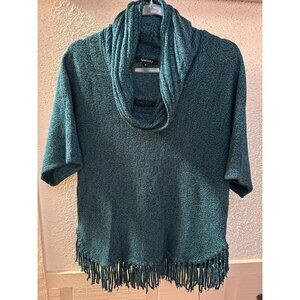 Teal Knit Cowl Neck Poncho Sweater With Fringe Hem By Relativity M